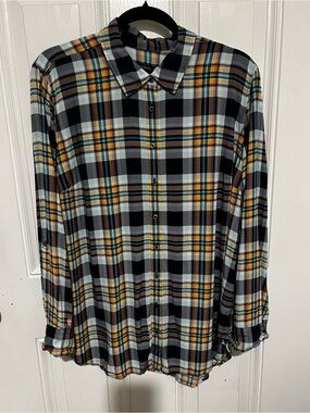Talbots Womens Button-Down Shirt Blouse Long Sleeve Navy Plaid Size XL Versatile